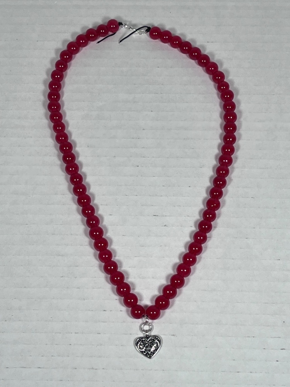 Ornate Silver Heart Red Glass Bead Necklace ~19 inches